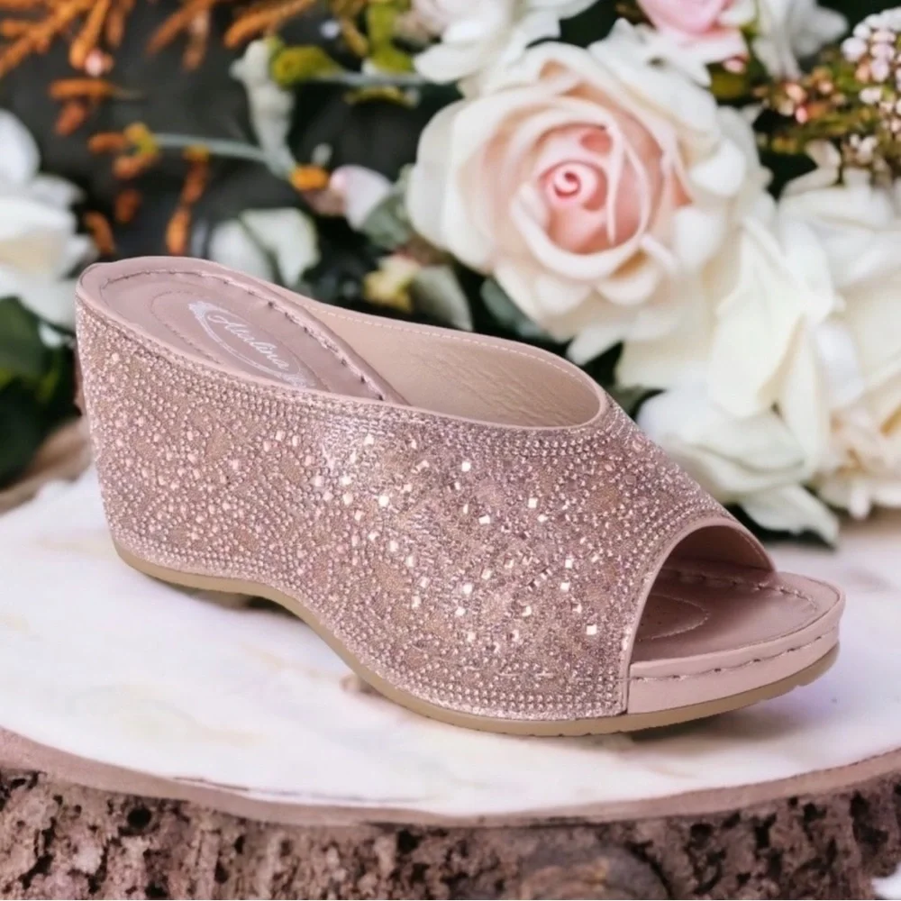 Italina Champagne Rhinestone Platform Wedge Sandal